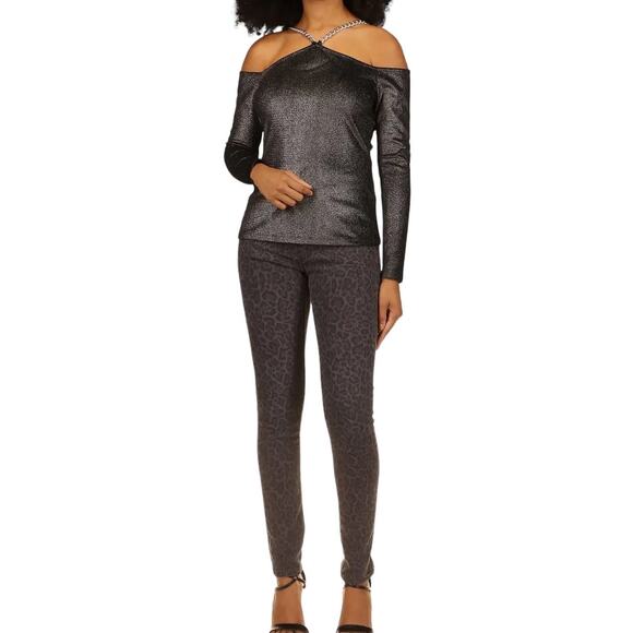 NWT! Michael Kors Velvet Chain Cold-Shoulder Shimmer Top - Size XL - Picture 4 of 10